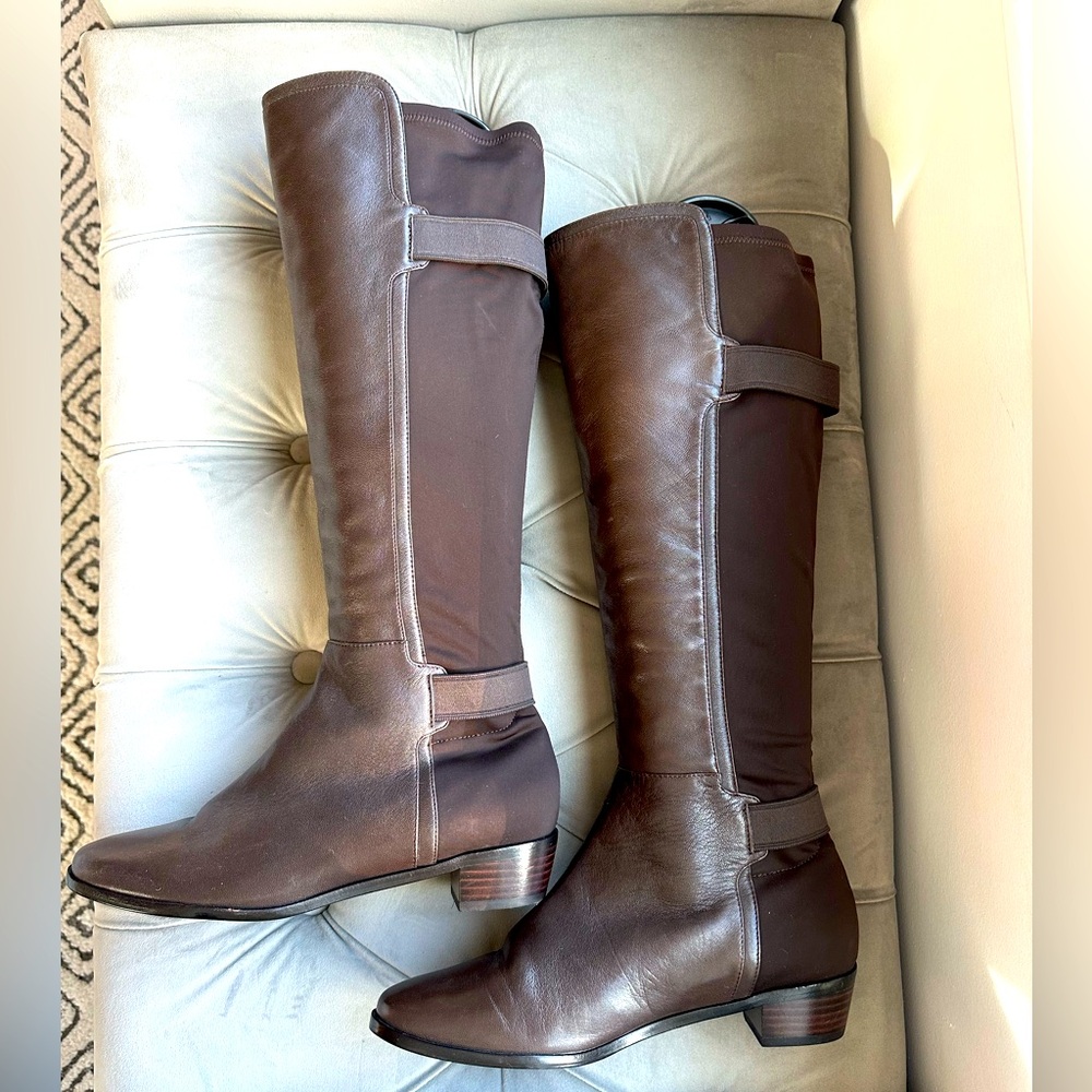 Size 8.5, never worn, Cole Haan, brown leather and spandex riding boots